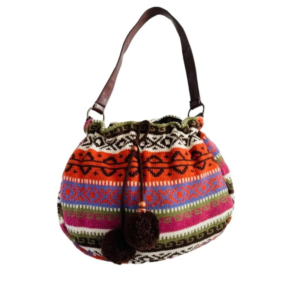 BOHO Colorful Knit Medium Shoulder Bag with Brown Tassels - Picture 2 of 12